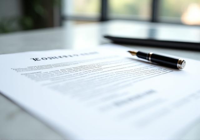 Professional business contract on a clean white desk with a pen